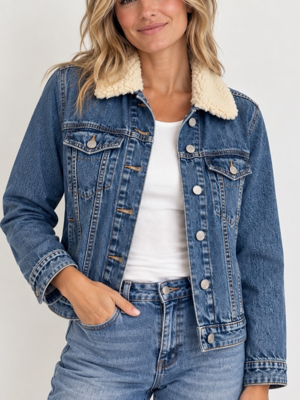 Unveil Womens Sherpa Lined Denim Trucker Jacket Blue Cream XS Fall